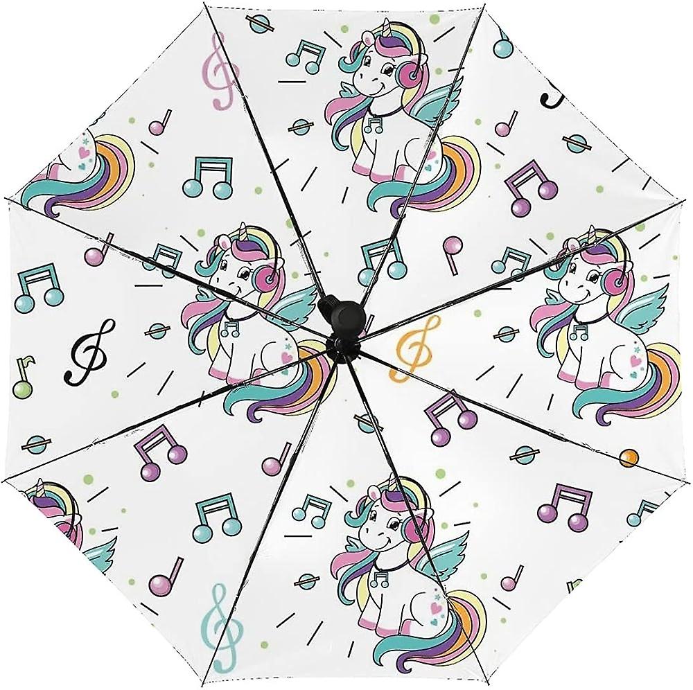 Colourlife Travel Umbrella Unicorn With Headphones On White Automatic Windproof Foldable Umbrella For Sun and Rain