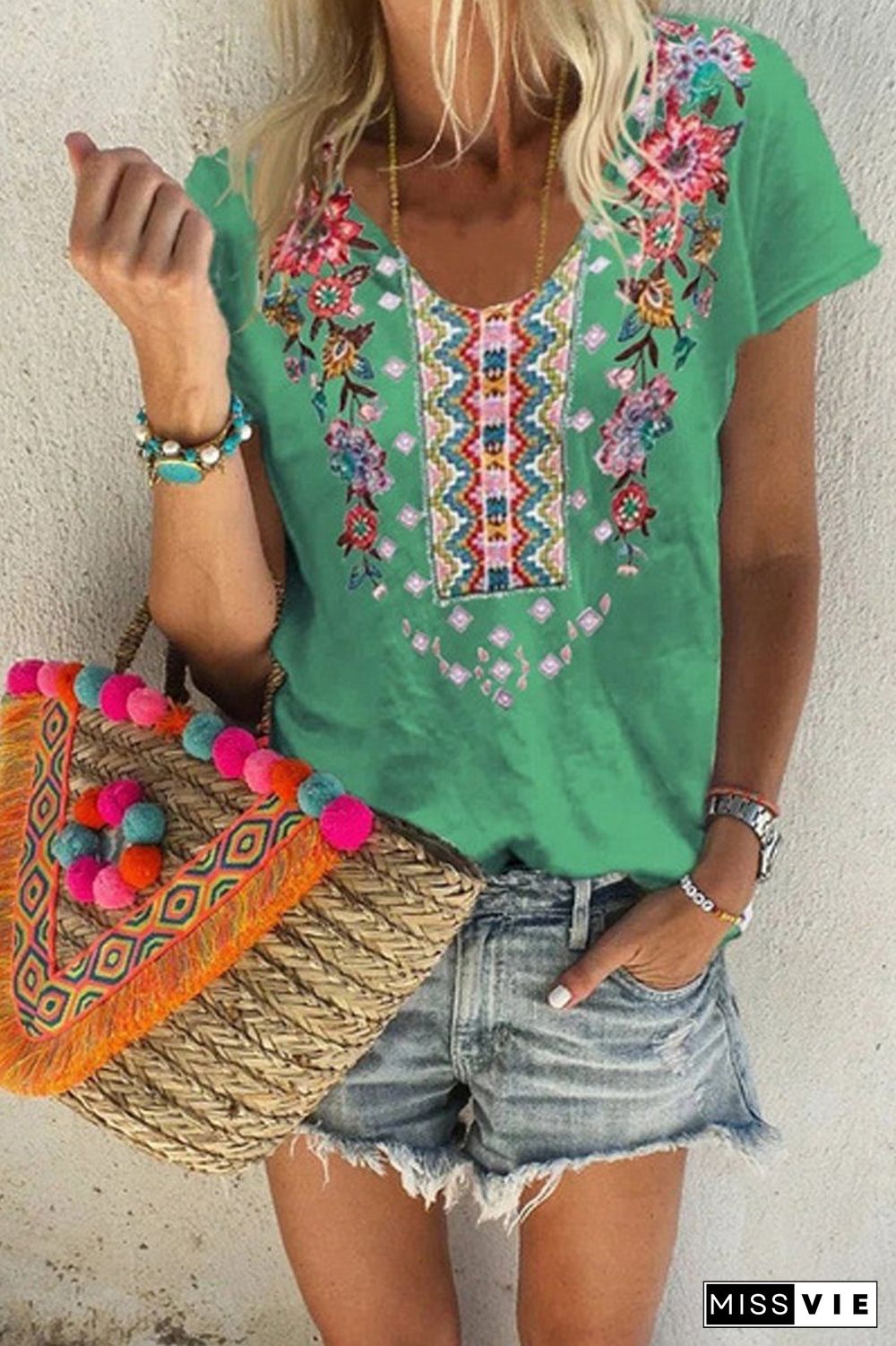 Bohemian Flower Embroidery T-shirt