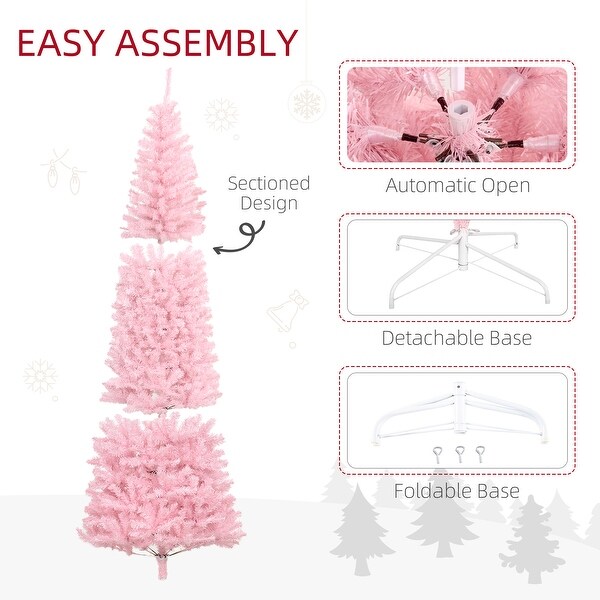 HOMCOM 8' Tall Unlit Slim Douglas Fir Artificial Christmas Tree with 1168 Realistic Branch Tips，Pink