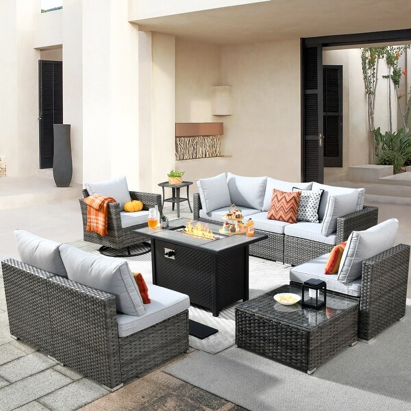 HOOOWOOO 10piece Patio Wicker Furniture Sectional Sofa Set Swivel Rocker with Fire Pit Table