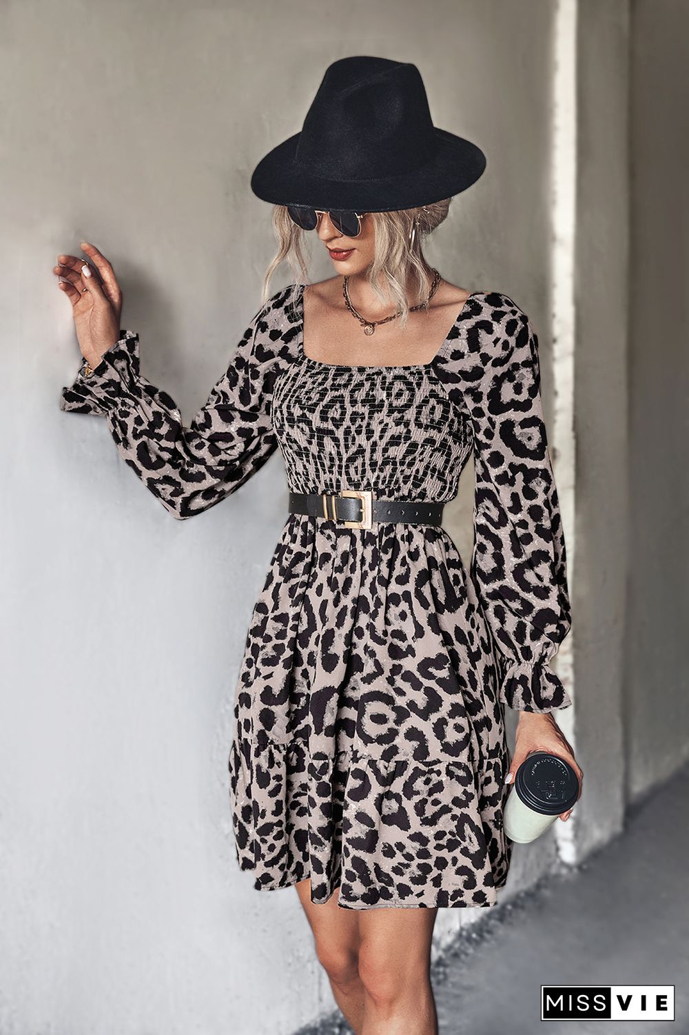 Smocked Square Neck Leopard Print Mini Dress