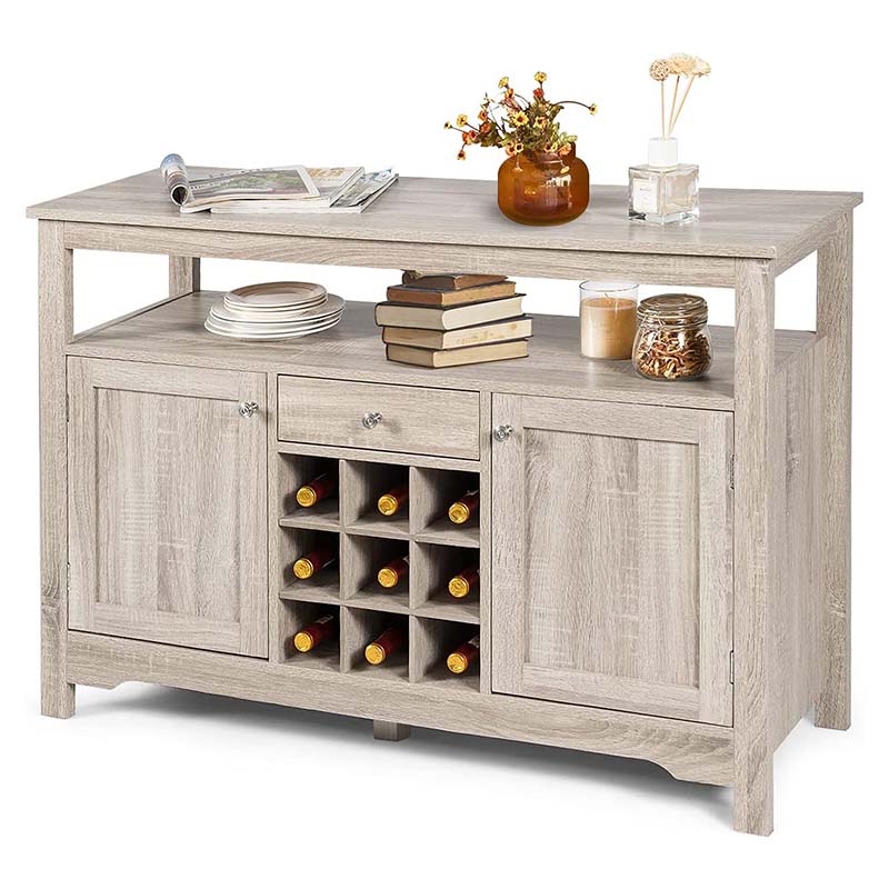 Wood Buffet Server Sideboard Console Table Utensils Organizer with 9 Wine Grids, 1 Drawer & 2 Cabinets