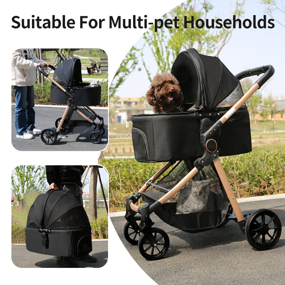 B.Childhood Pet Stroller for Medium Small Dog/Cat with Storage Basket，Black