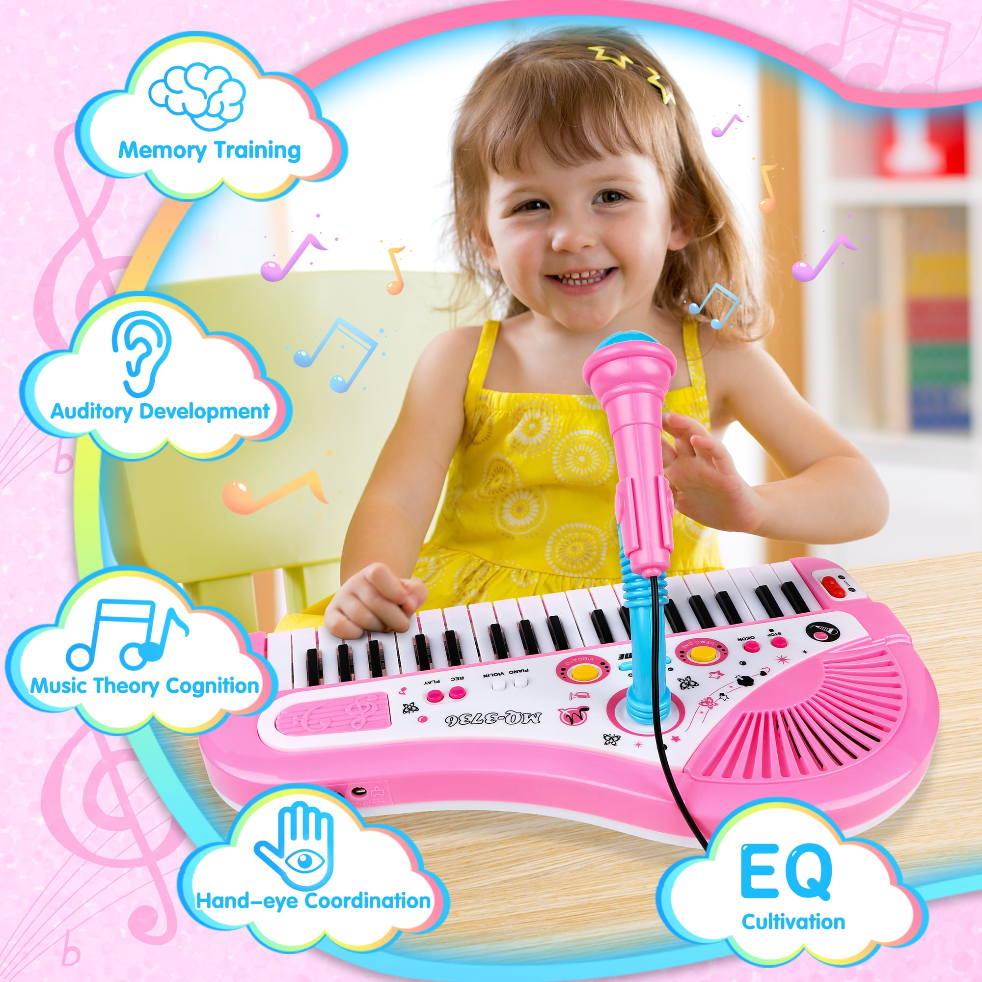 Huge Wave Baby Keyboard Toys for Kids， Pink Piano Musical Instrument with Microphone for Toddlers Girls Boys Aged 4 5 6+