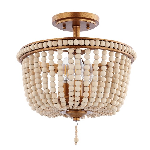 Led 3 light Allie Wood Bead iron Pendant Antique Gold taupe Jonathan Y