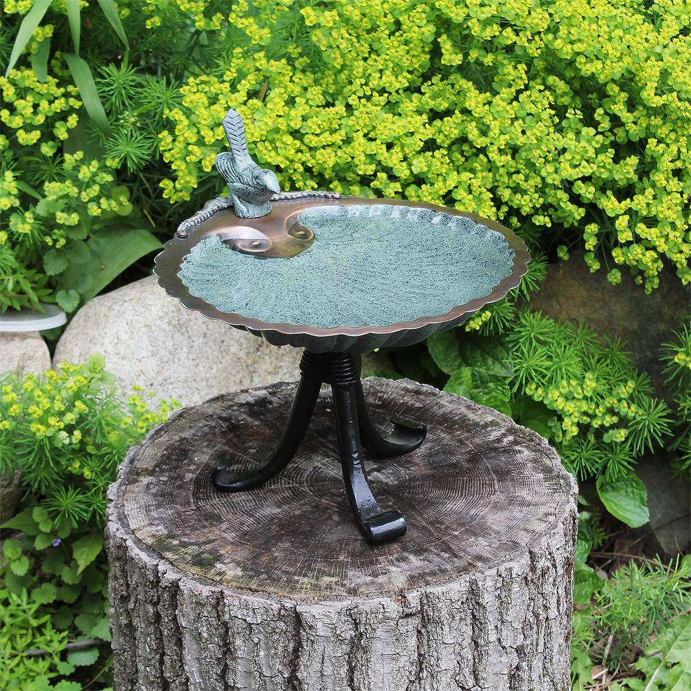 Achla Designs 10.75 in. Tall Antique Brass Plated Scallop Shell Birdbath with Tripod Stand BBM-01-TR