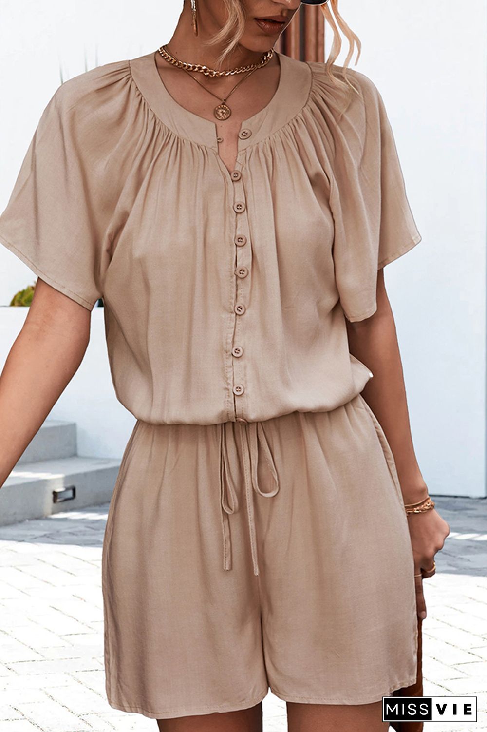 Plain Ruffles Neckline Button Down Rompers