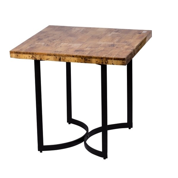 32 Inch Side End Table， Hardwood Square Top， Curved Iron Base， Brown， Black