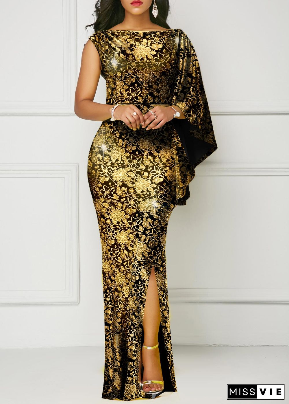 Floral Print Hot Stamping Golden Side Slit Dress