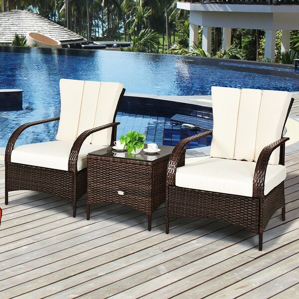 Costway 3 PCS Patio Wicker Rattan Furniture Set Coffee Table and 2