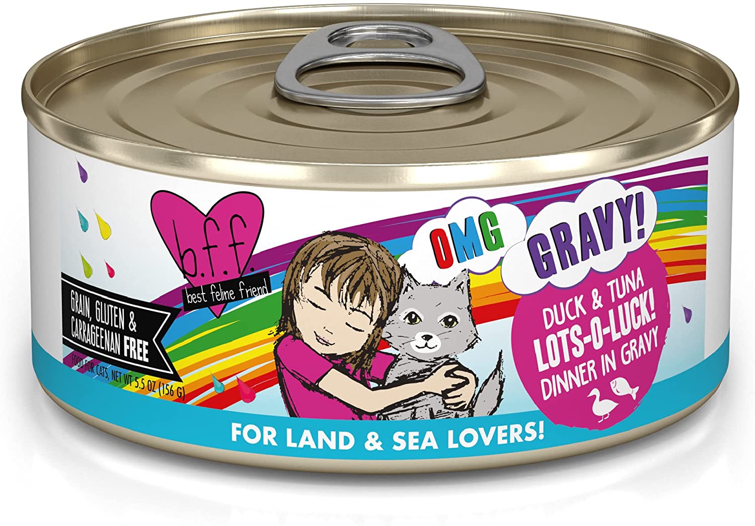 Weruva B.F.F. OMG - Best Feline Friend Oh My Gravy!， Lots-O-Luck! with Duck and Tuna in Gravy Cat Food， 5.5oz Can (Pack of 8)