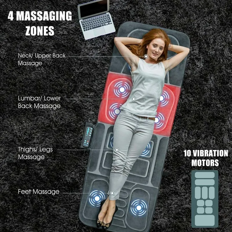 Foldable Heated Massage Pad, Portable Massage Mat with 10 Vibration Motors, Full Body Massage Mattress, Massager Cushion for Back Pain Relief