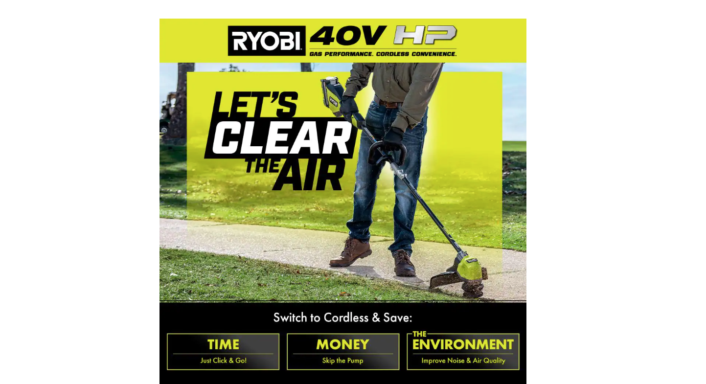 RYOBI RY40290VNM 40V HP Brushless 15 in. Cordless Carbon Fiber Shaft Attachment Capable String Trimmer with 4.0 Ah Battery and Charger