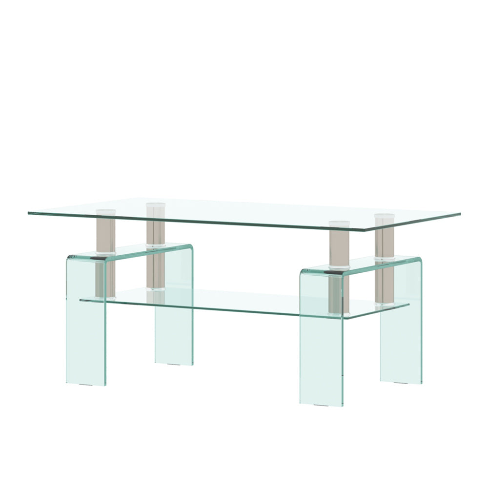 Lausatek Tempered Glass Coffee Table ,Modern Chic Stainless Steel Legs, Transparent Square Shape Tea Table with Double Shelves, Center Table Side Table for Apartment Living Room Office