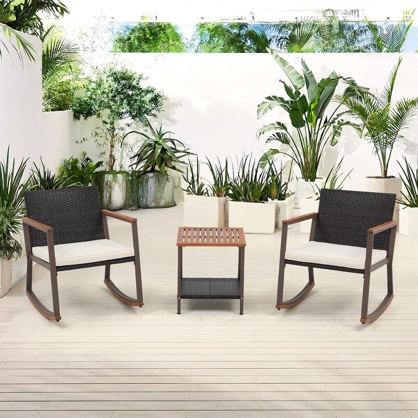 3 Pieces Outdoor Rocker Chair Conversation Set with Coffee Table and Cushions for Balcony Porch Poolside