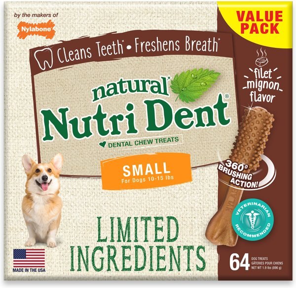 Nylabone Nutri Dent Limited Ingredients Small Filet Mignon Natural Dental Dog Treats， 64 count