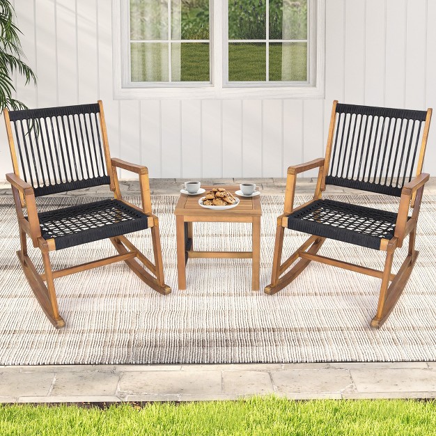 Tangkula 3 Piece Acacia Wood Rocking Chair Set W Coffee Table amp All weather Rope Patio Poolside