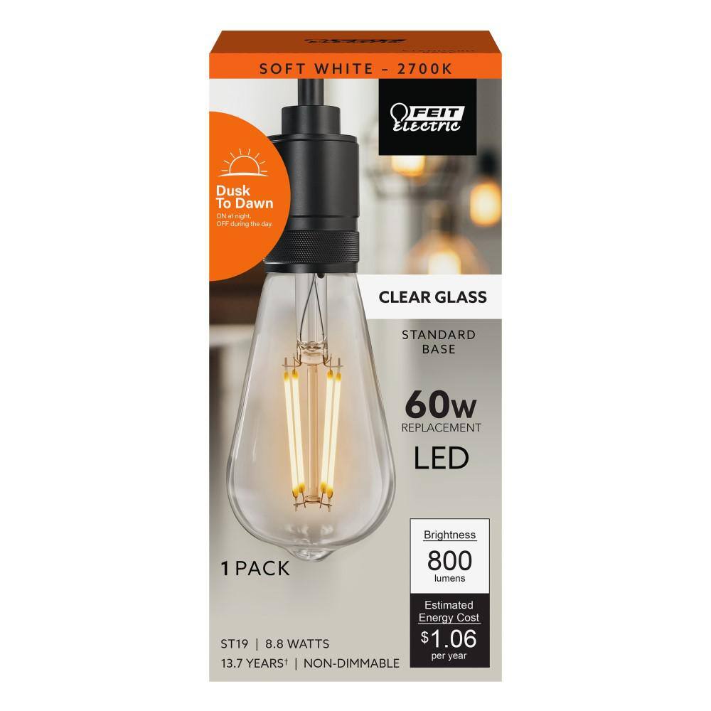 Feit Electric 60-Watt Equivalent ST19 Straight Filament Dusk to Dawn Clear Glass E26 Vintage Edison LED Light Bulb Soft White ST19CL927CADDHDRP