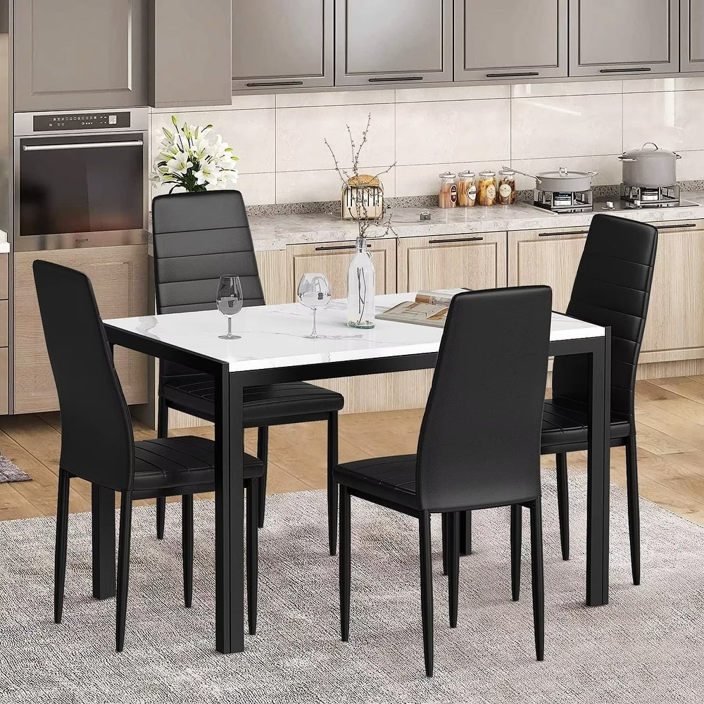 Mieres Modern Faux Marble 5 Pieces Kitchen Dining Set  Home Bar Dining Table Set with Upholstered PU Leather Chairs