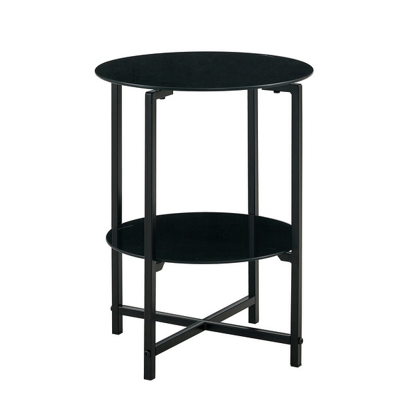 2- layer Tempered Glass End Table， Round Coffee Table for Bedroom Living Room Office (black)