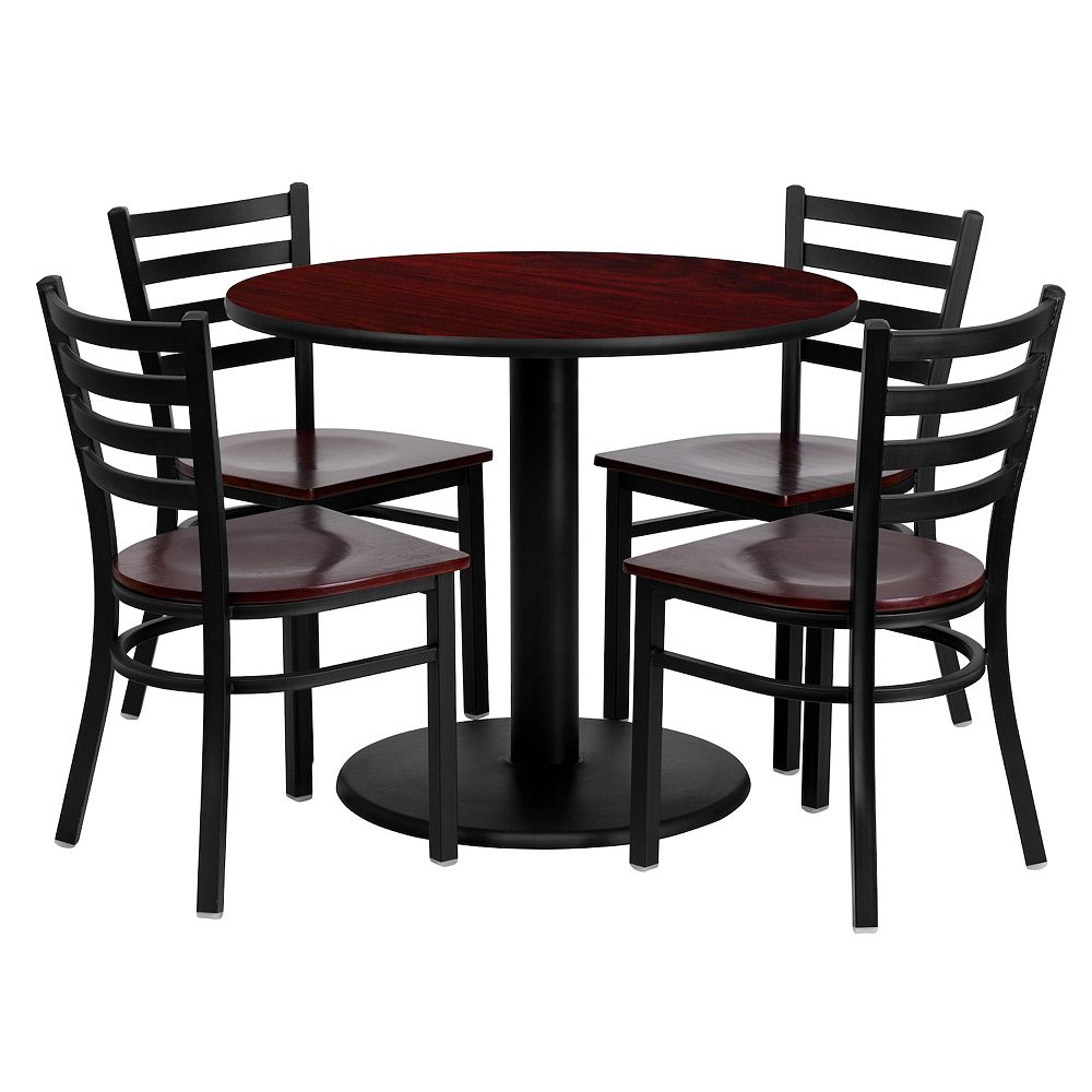 Emma and Oliver 36 Round Mahogany Laminate Table Set， 4 Ladder Back Metal Chairs