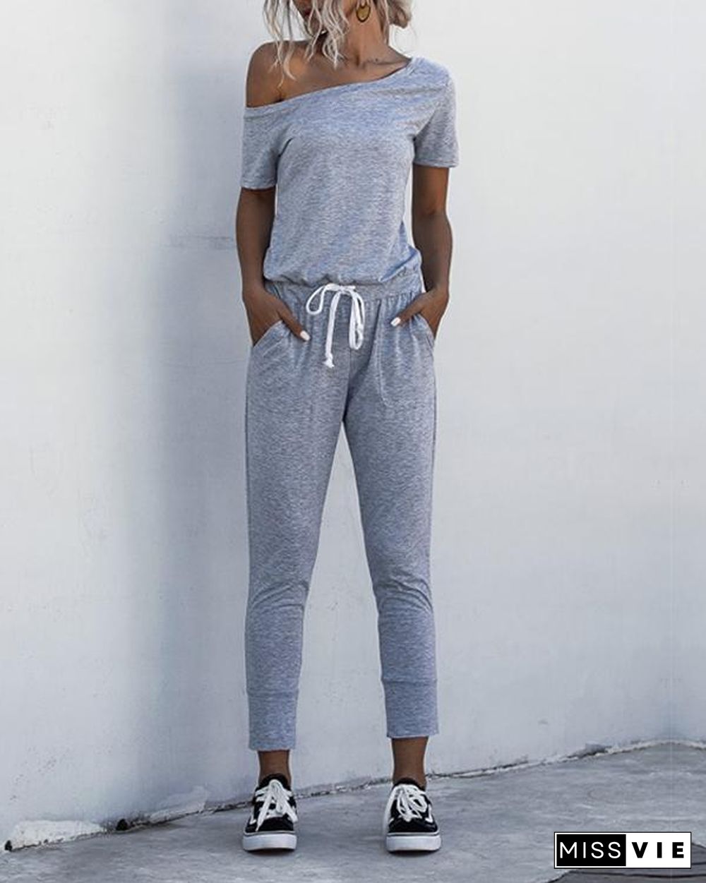 Asymmetric Neck Drawstring Waist Jumpsuit