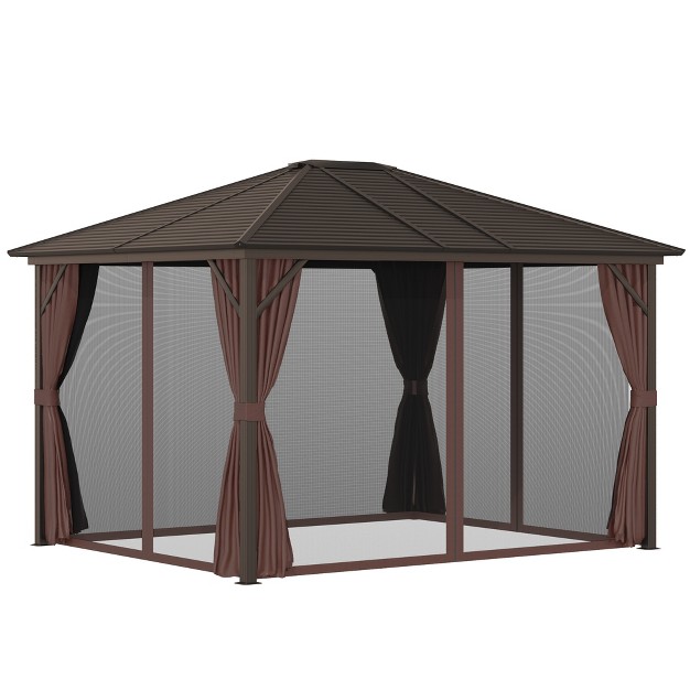 Outsunny 10 x27 X12 x27 Hardtop Gazebo With Aluminum Frame Permanent Metal Roof Gazebo Canopy With 2 Hooks Curtains And Netting For Garden