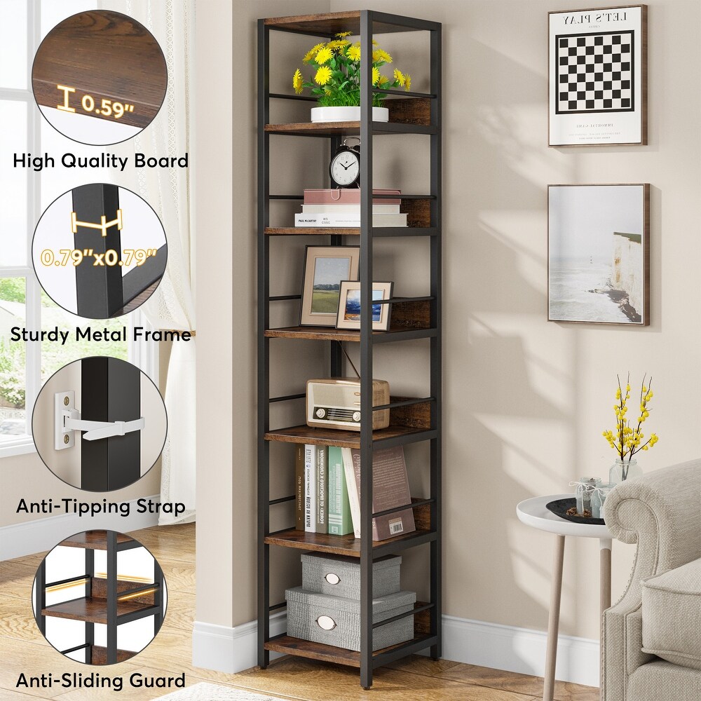 2PCS 75 Inch Corner Shelves Narrow Bookshelf  Multipurpose Storage Shelf Organizer Rack for Small Spaces   Rustic Brown