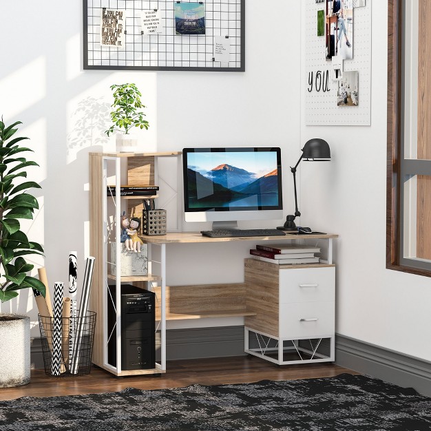 Modern Multi level Computer Desk Home Office Study Workstation With Storage Shelves Drawers And Cpu Stand