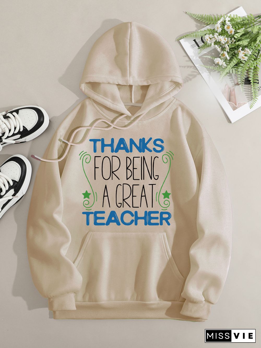 Printed on front Kangaroo Pocket Hoodie Long Sleeve for Women Pattern Thank you teacher