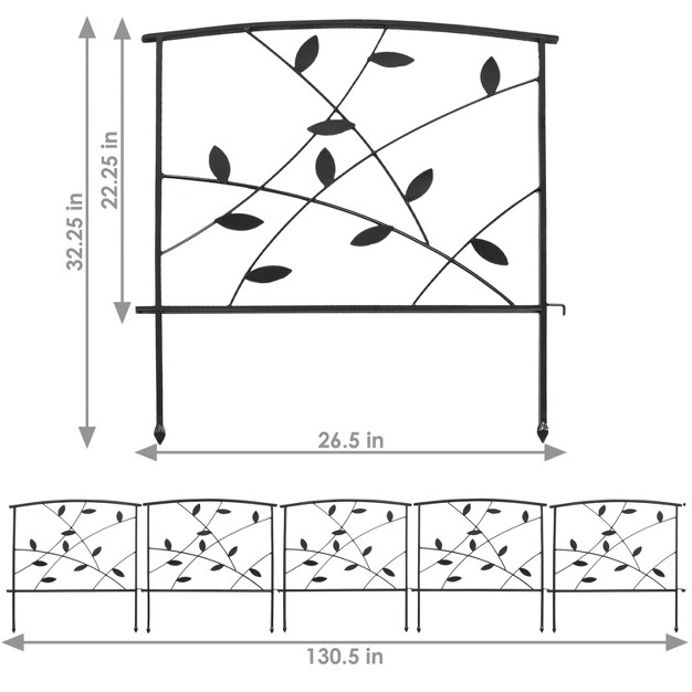 Sunnydaze Outdoor Lawn And Garden Metal Modern Leaves And Vines Decorative Border Fence Panel Set 10 x27 Black 5pk