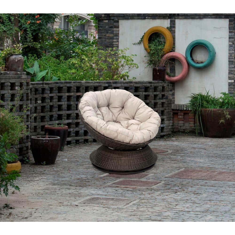 Brigham Black Swivel Wicker Outdoor Papasan Chair with Grey Cushion