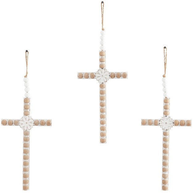 Set Of 3 Wood Biblical Carved Beaded Crosses Wall Decors With Rope Hanger Light Brown Olivia amp May