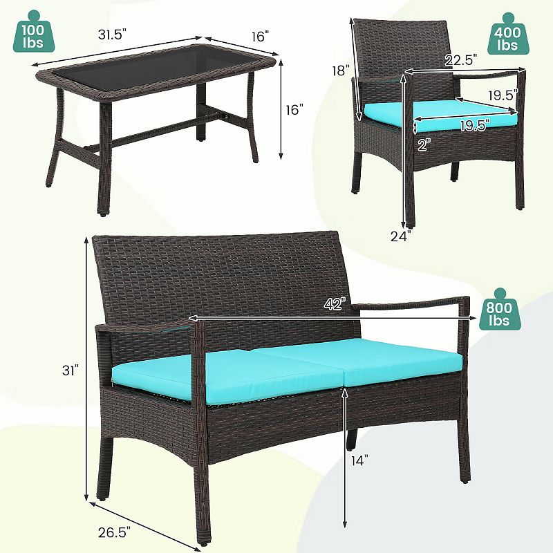 4 Pieces Outdoor Rattan Conversation Set with Tempered Glass Coffee Table