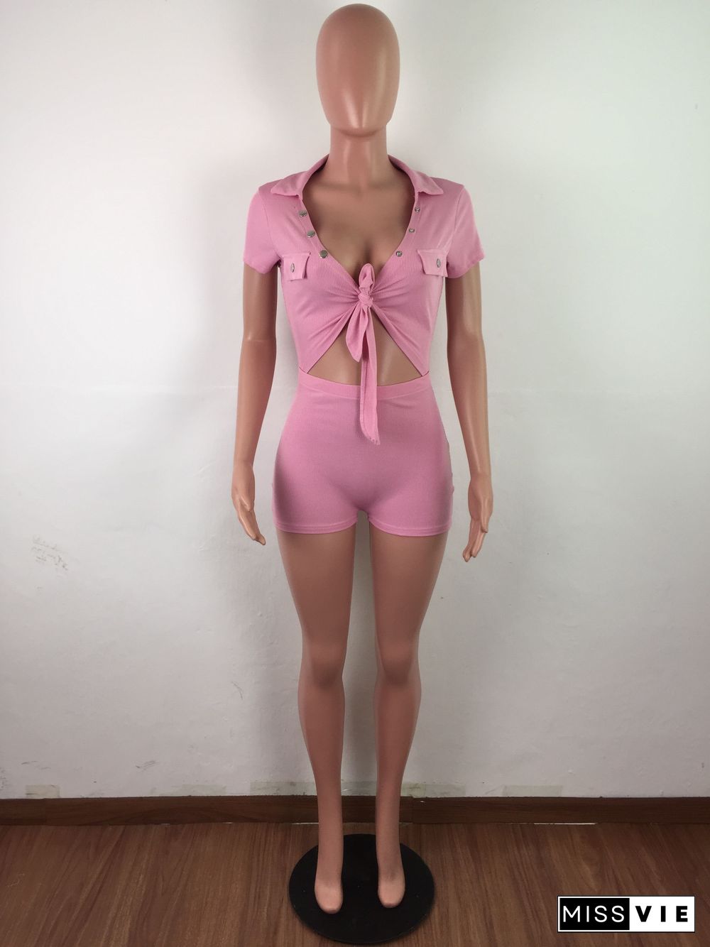 Button Bandage Hollow Out Dew Waist Romper With Mask