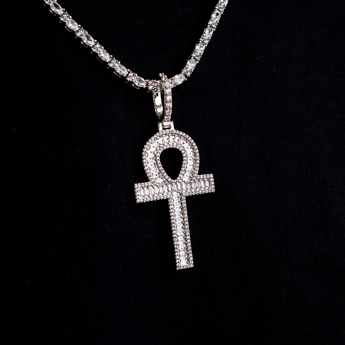 Diamond Baguette Ankh Cross Pendant in White Gold