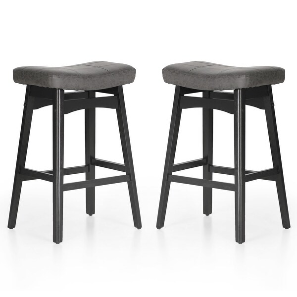 24 Inch Solid Wood Barstools with Linen / PU Leather Fabric Cushion， Set of 2