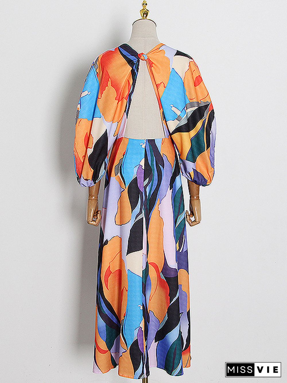 Original Puff Sleeves Loose Contrast Color Printed Deep V-Neck Maxi Dresses