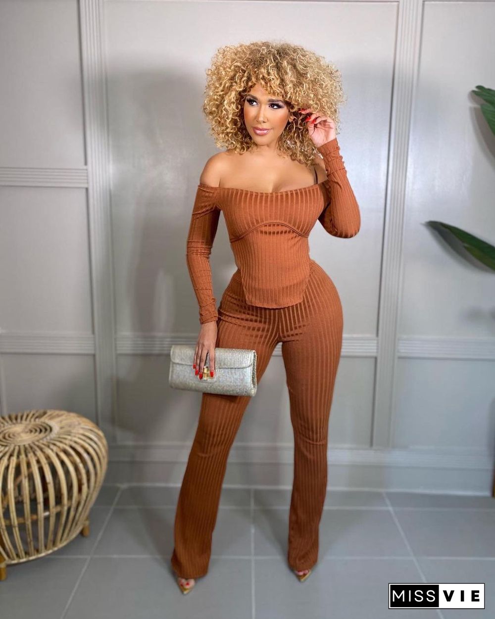 Off Shoulder Long Sleeve Top Flared Pants Set