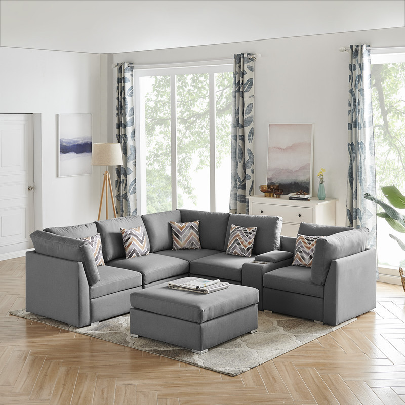 Amira Gray Fabric Reversible Sectional Sofa With Usb Console and Ottoman   Contemporary   Sectional Sofas   by Timeout PRO  Houzz