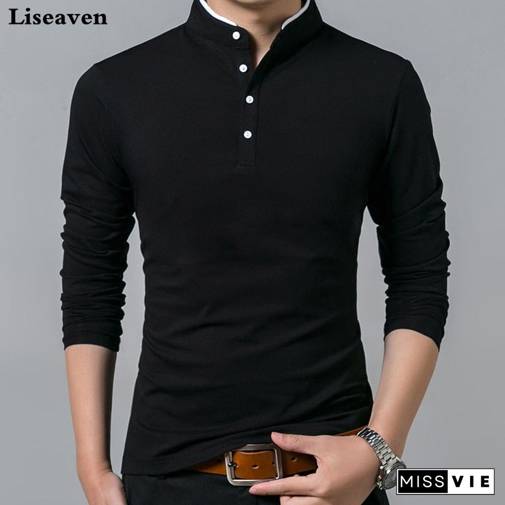 Liseaven T-Shirt Men Cotton T Shirt Full Sleeve tshirt Men Solid Color T-shirts tops&tees Mandarin Collar Long Shirt