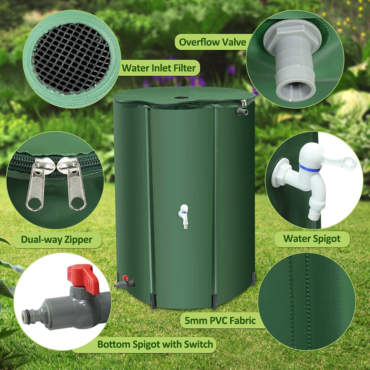 IOCOCEE 53 Gallon Collapsible Rain Barrel，Filtrable Portable Water Storage Tank，Garden Water Barrel with Drains and Taps(Green)