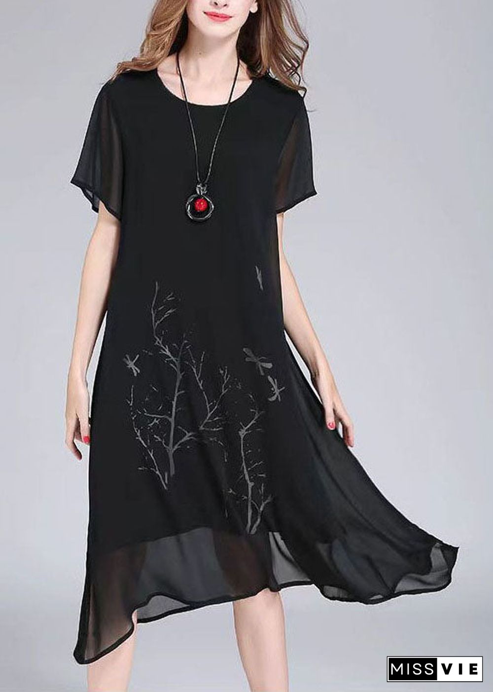 Organic Black O Neck Print Patchwork Chiffon Dresses Summer