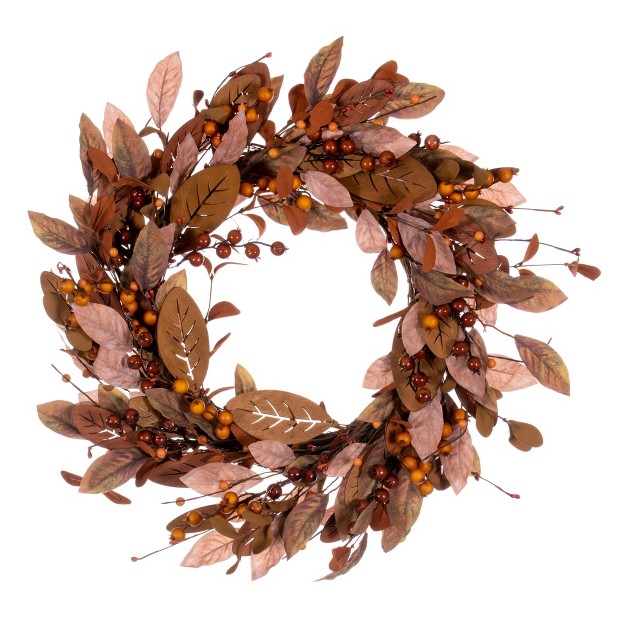 Artificial Light Brown Fall Berry And Wood Leaf Wreath