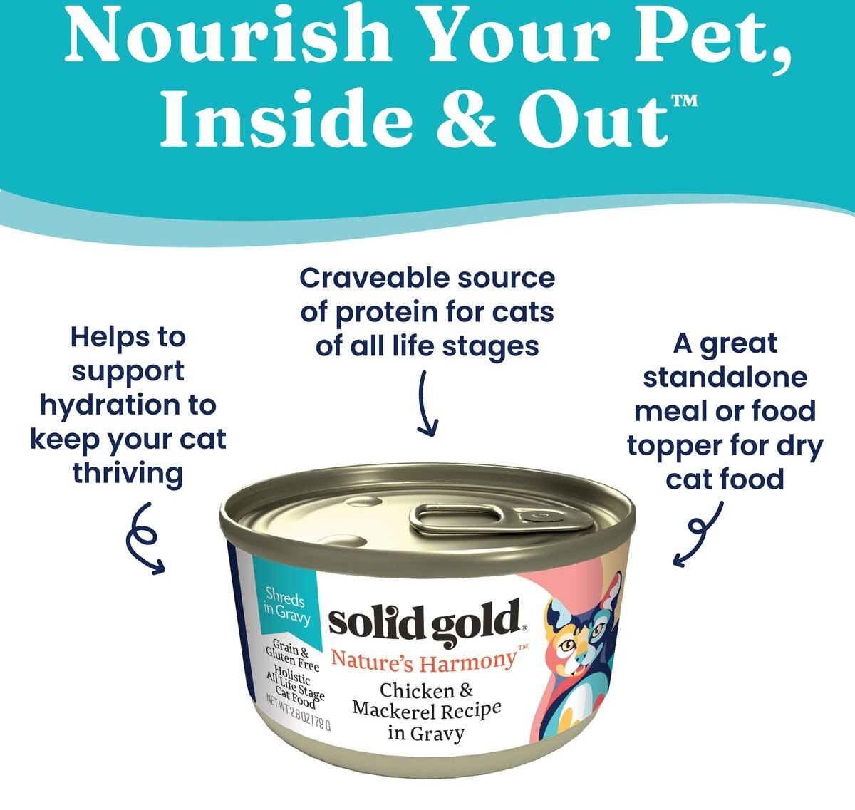 Solid Gold Nature's Harmony Chicken and Mackerel Recipe in Gravy Grain-Free Wet Cat Food， 2.8-oz can， case of 12， 2 count