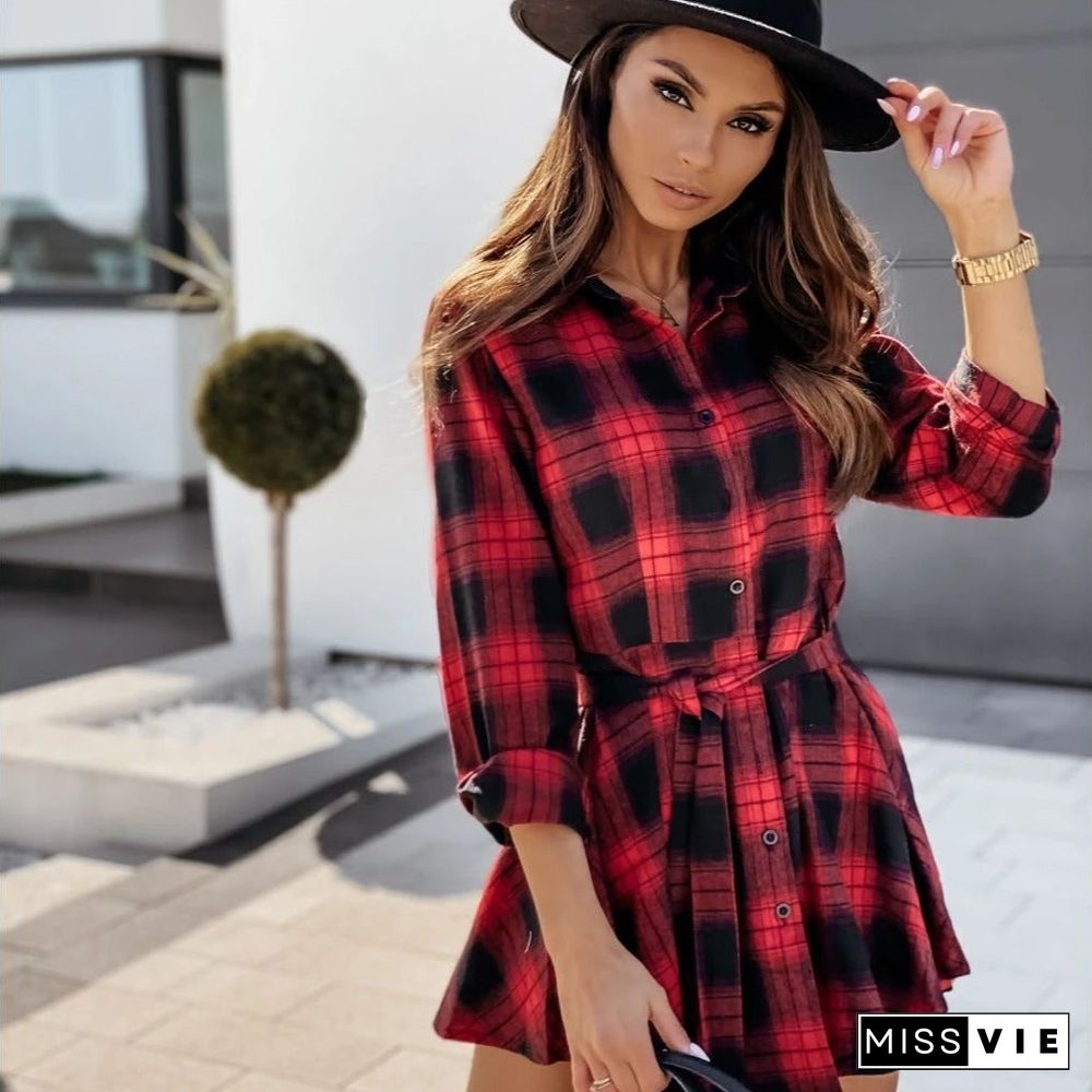 Autumn and Winter Fashion Sexy Printed Shirt Plaid Dress Skirt