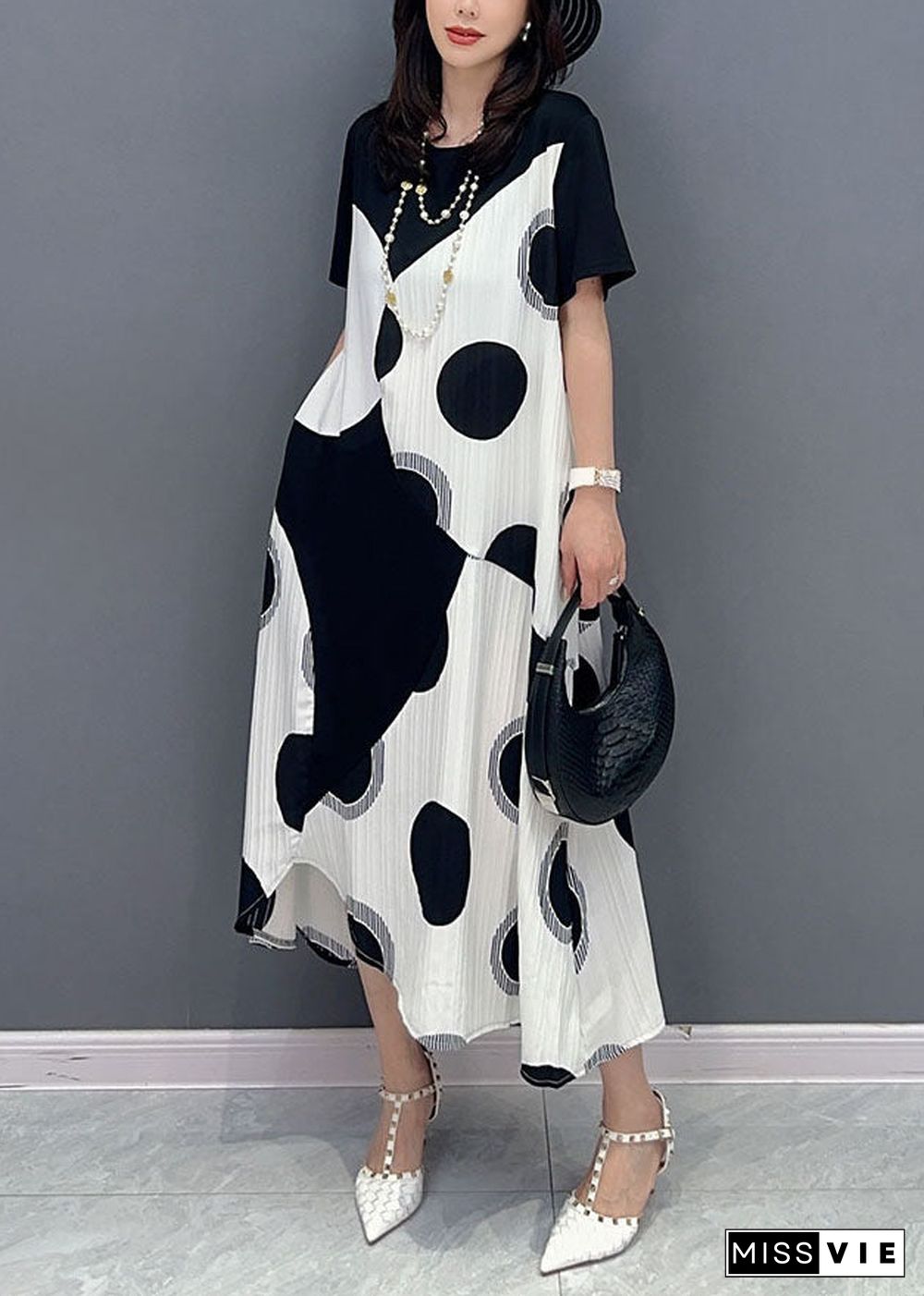 Art White O Neck Dot Print Patchwork Cotton Dresses Summer