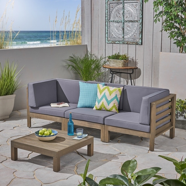 Oana Outdoor 3Seater Acacia Wood Sectional Sofa Set with Coffee Table by Christopher Knight Home