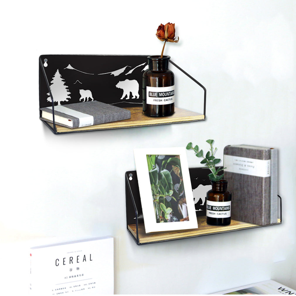 Floating Wall Shelves Set of 2, Black Rustic Iron Wall Shelf with Unique Adorable Bears Cutouts for Bathroom Cabin Lodge Bedroom Kitchen Living Room Nursery