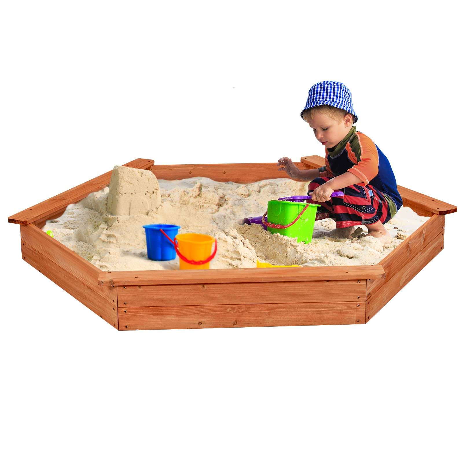 Costzon Wooden Sandbox with Seat Boards, Oxford Cover,Ground Liner, 73